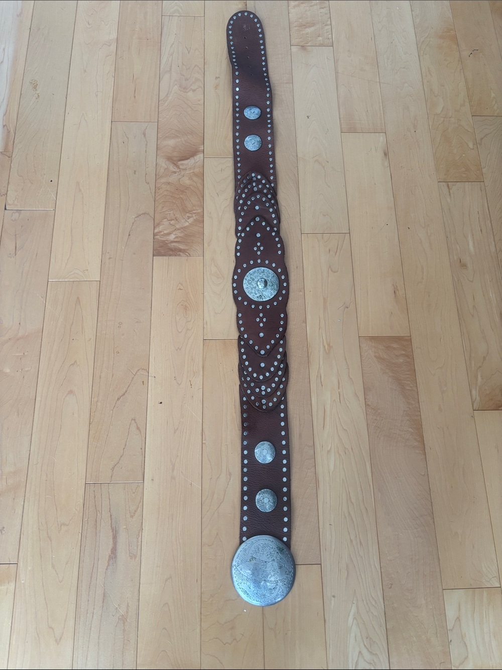 Vintage Free People Decorative Brown Leather Belt with Silver Conchos